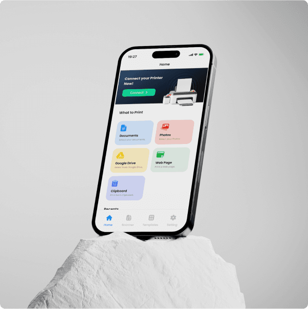 The Air Printer home screen with document, photo and cloud options