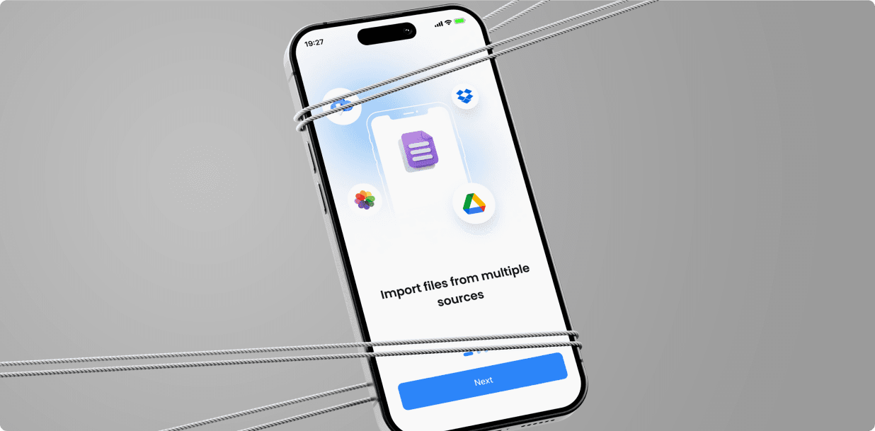 Onboarding screen showing file import from multiple cloud sources