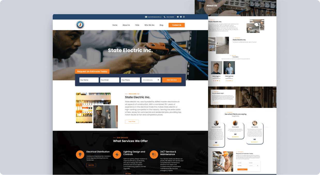 State Electric Inc. homepage and about page shown side by side