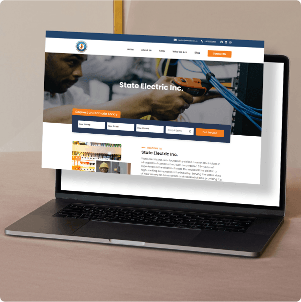 State Electric Inc. homepage with its estimate form on an angled laptop