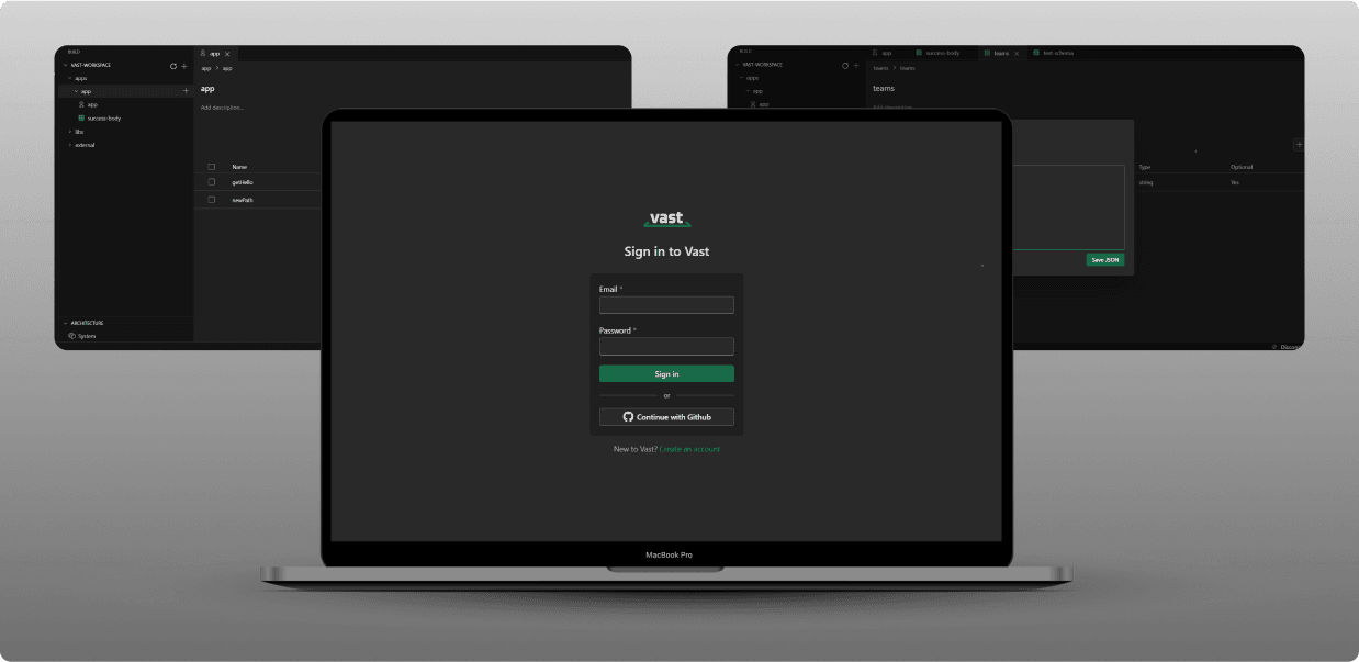 The Vast sign-in screen alongside the workspace and schema views