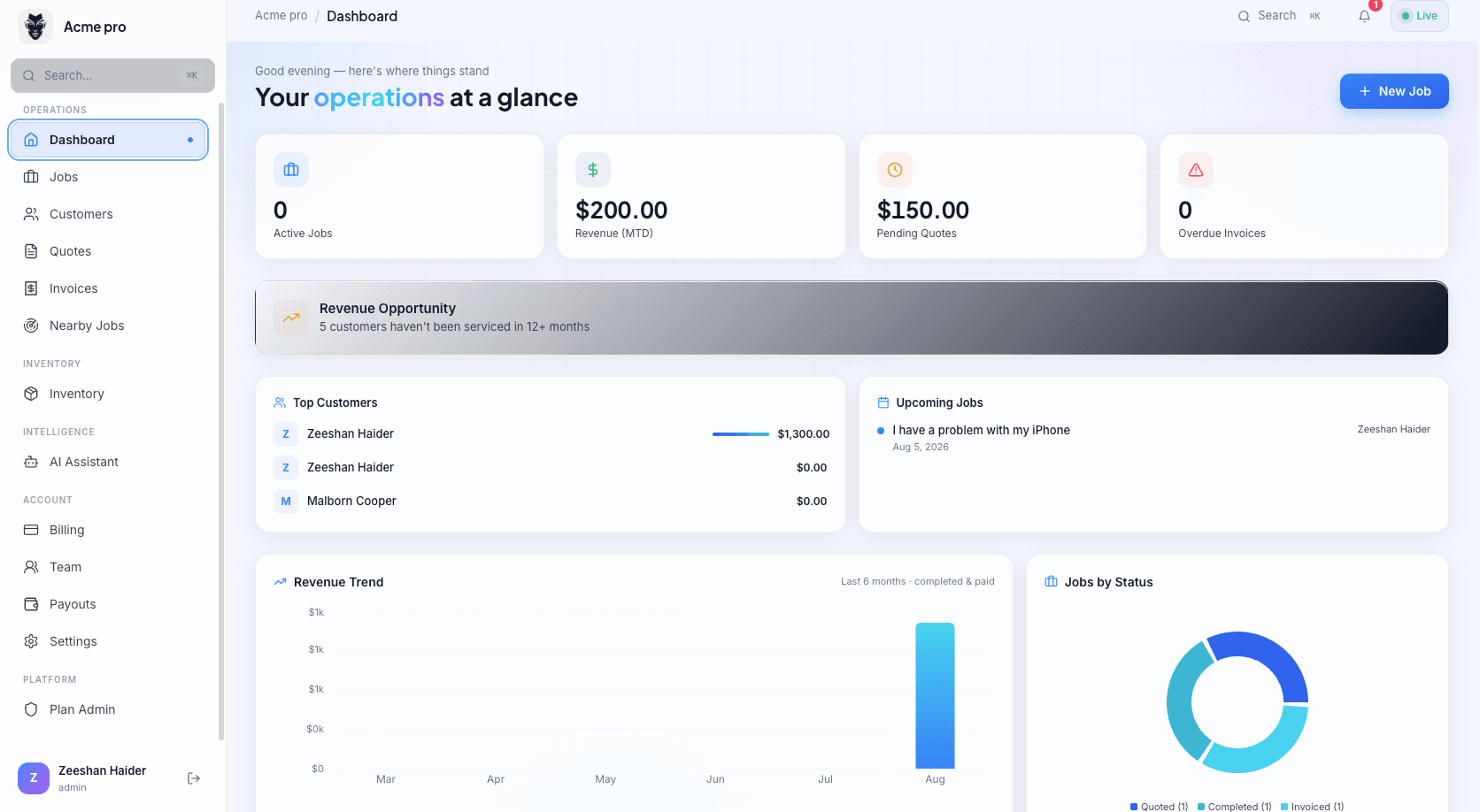 Acme Pro operations dashboard