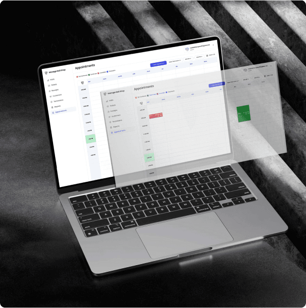 Appointment views layered over a laptop showing the scheduling interface